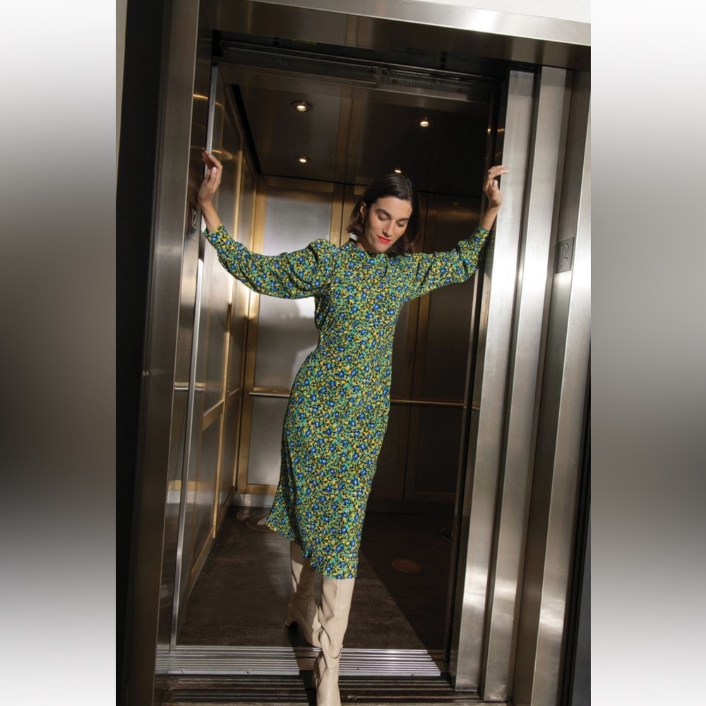 Abstract garden, long sleeve, midi dress